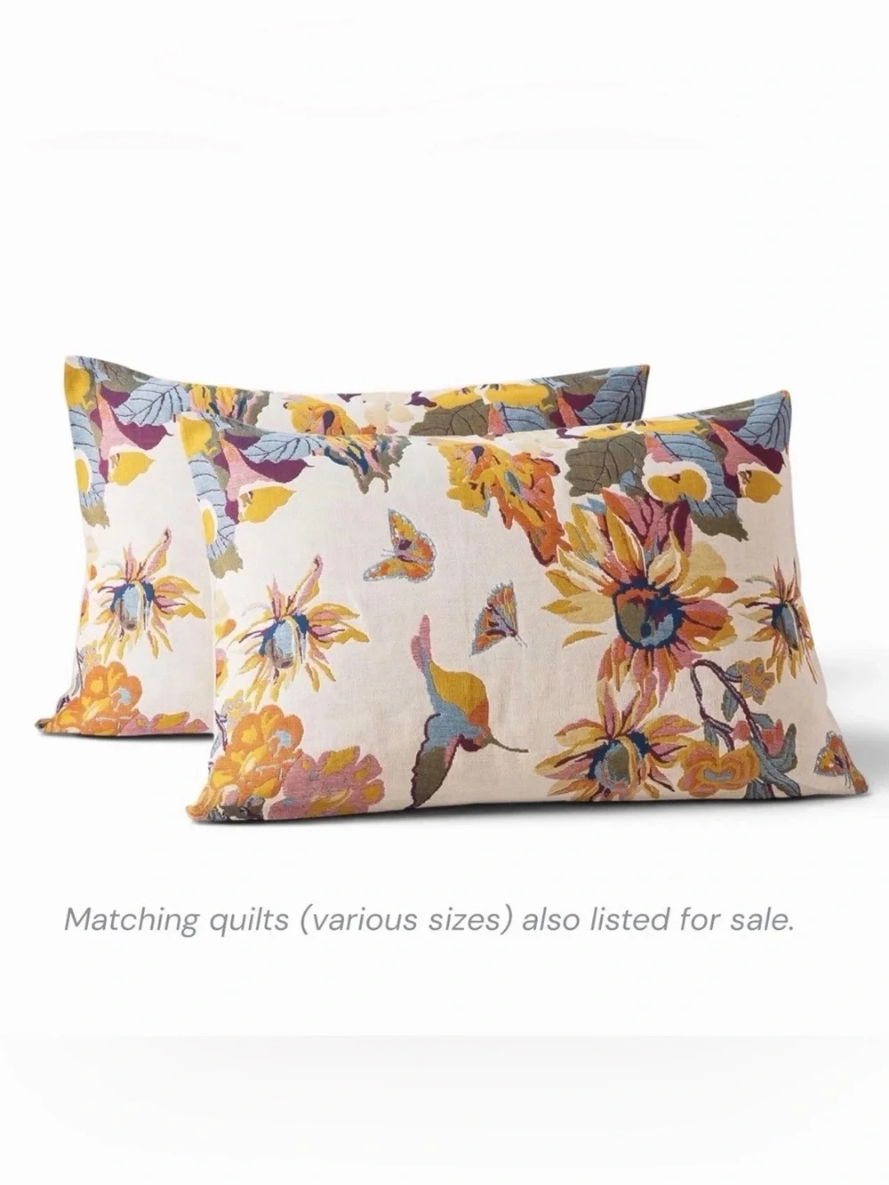 NEW Anthropologie Boho Bird Orange Floral Queen /  King Cotton Pillow Shams Set